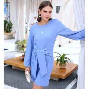 PRETTYGARDEN Long Lantern Sleeve Crewneck Tie Waist Knit Cocktail Dress Size XL